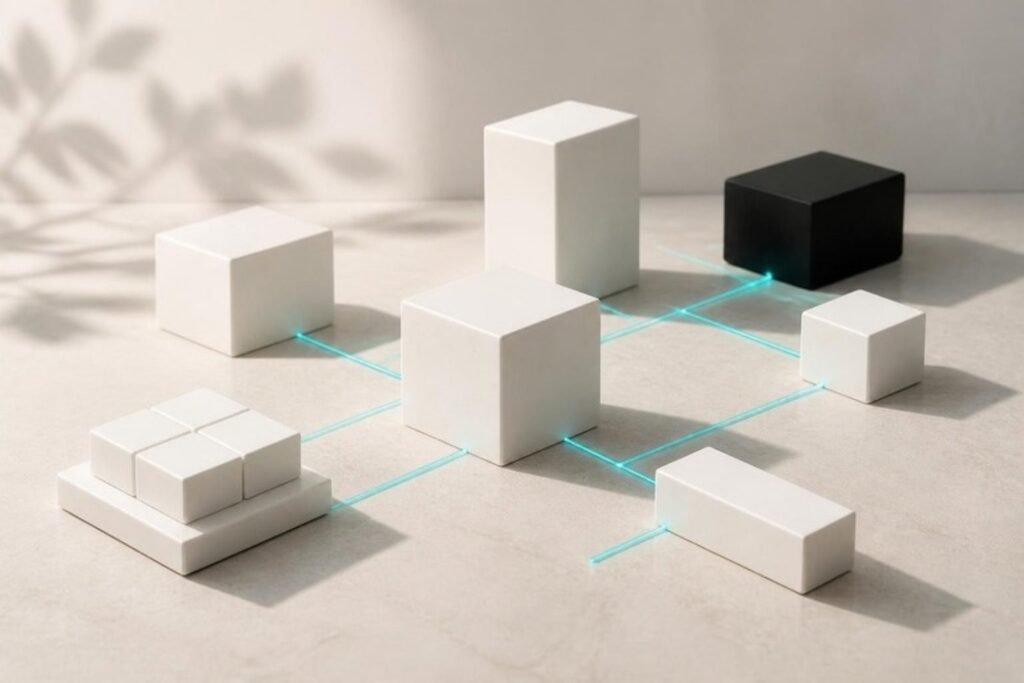 White modular blocks linked by glowing teal lines, like an automated workflow