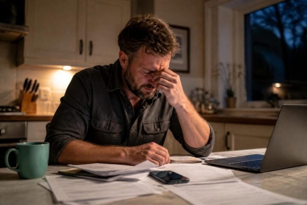 Tired tradesman at his kitchen table late at night surrounded by invoices and a laptop