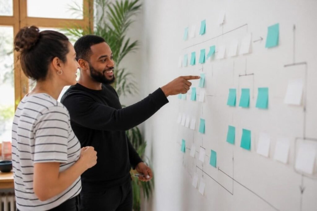 Two colleagues mapping a business workflow with teal sticky notes on a white wall