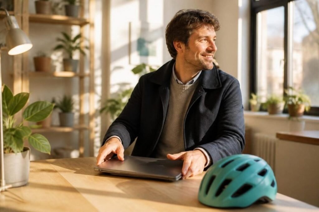 Smiling business owner closing his laptop in the afternoon sun, ready to leave early