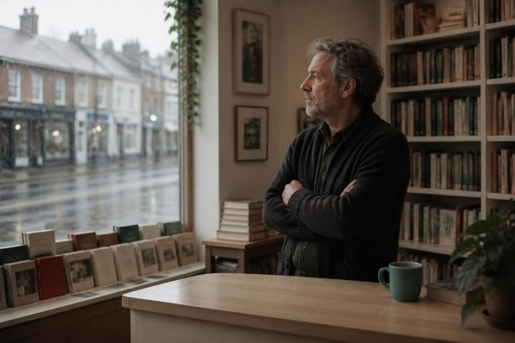Bookshop owner standing alone in his empty shop looking out at a rainy high street