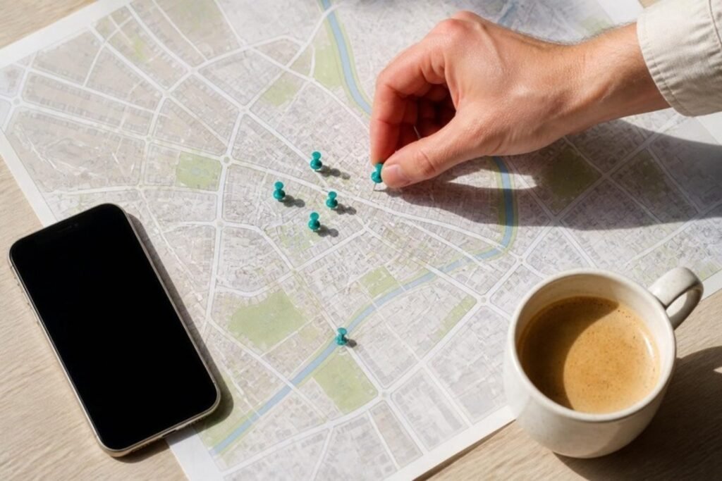 Hand placing teal pins on a paper town map next to a phone and a coffee