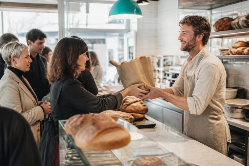 Busy independent bakery with customers queuing as the baker hands over fresh bread