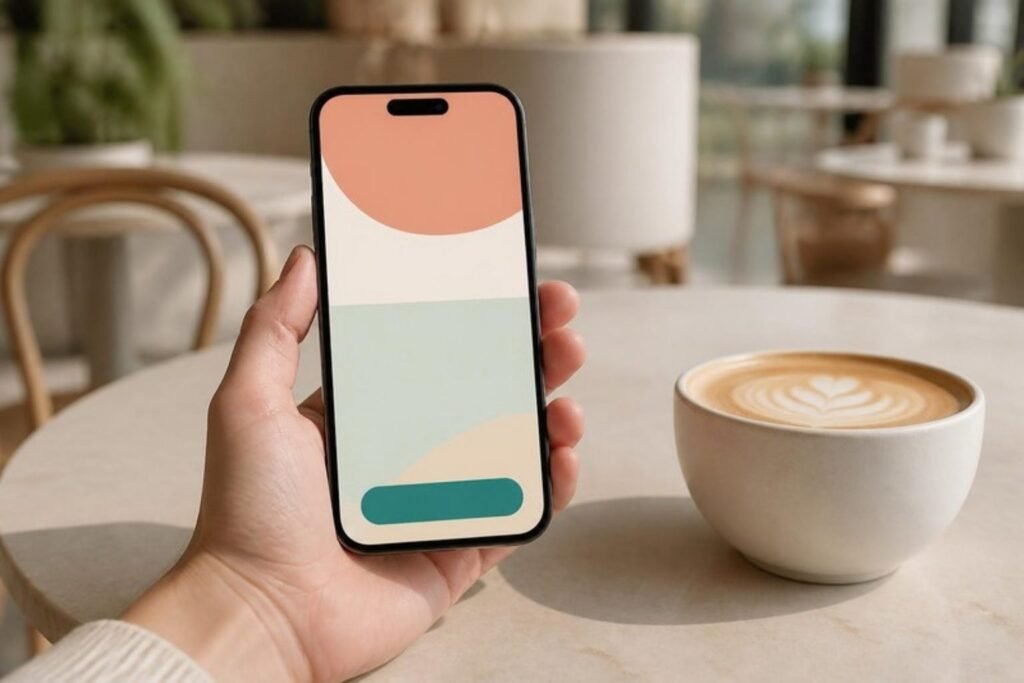 Hand holding a smartphone showing a fast, clean mobile website with a teal button