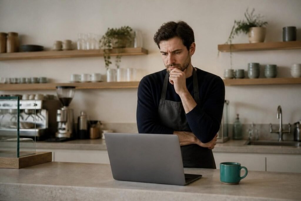 Café owner frowning at a laptop on the counter of his quiet, empty café