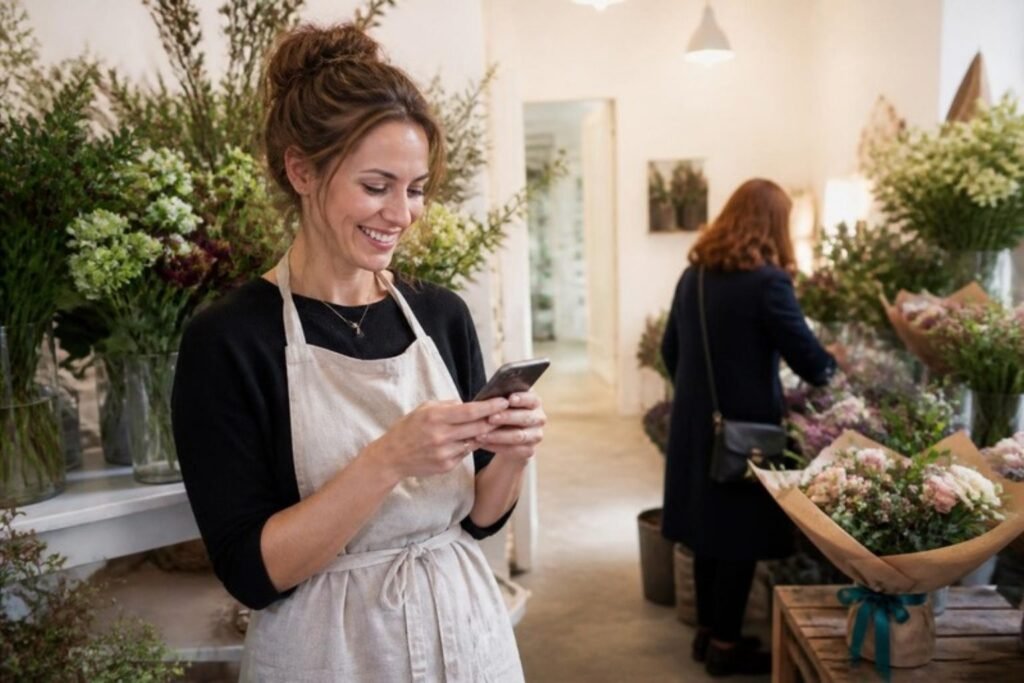 Smiling florist checking a new enquiry on her phone while a customer browses her shop