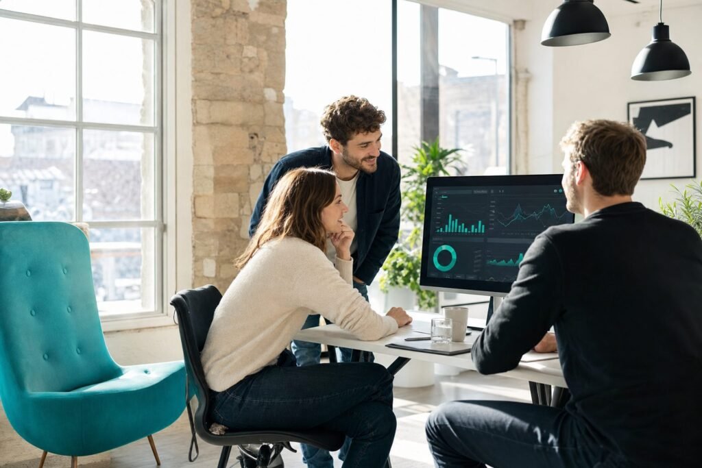 Small agency team reviewing a performance dashboard together in a bright studio