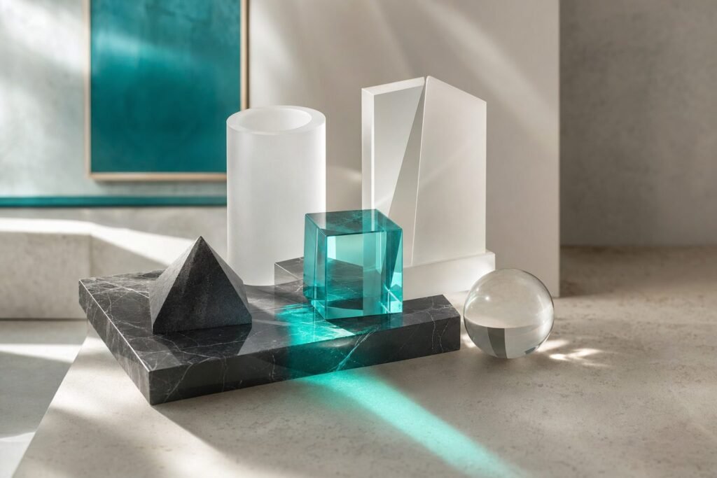 Glass and marble shapes refracting a beam of teal light