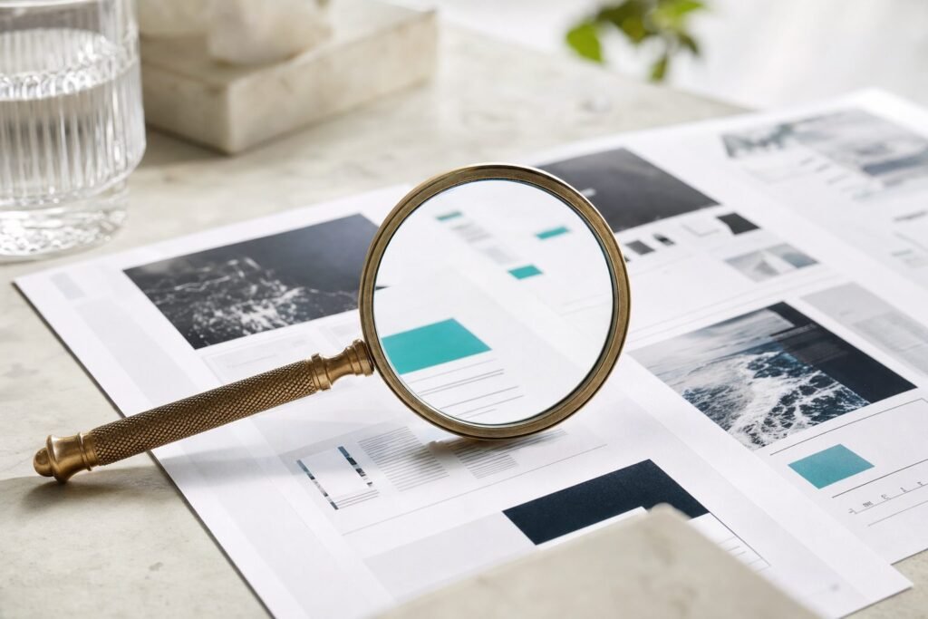 Brass magnifying glass resting on printed website layouts and reports