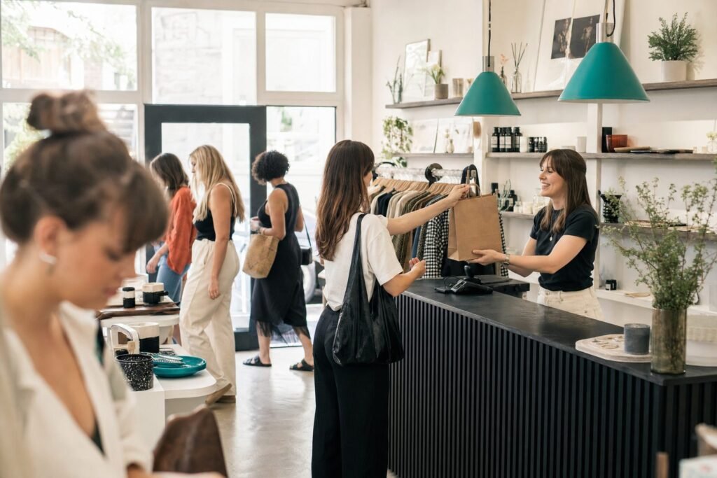 Busy independent clothing shop with customers browsing and paying at the counter