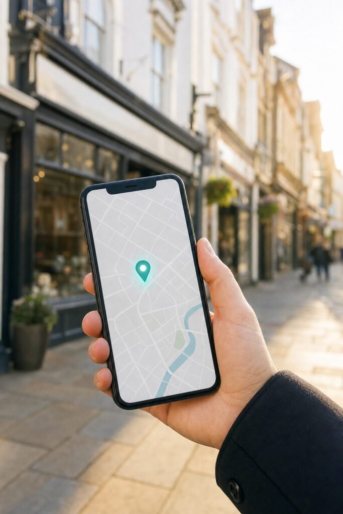 Hand holding a phone showing a map pin on a sunny UK high street