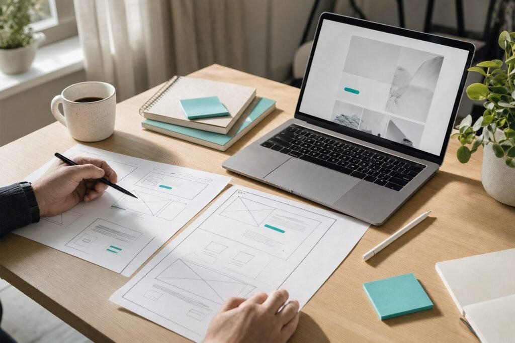 Designer’s desk from above with printed website wireframes, a pen and a laptop showing a page layout